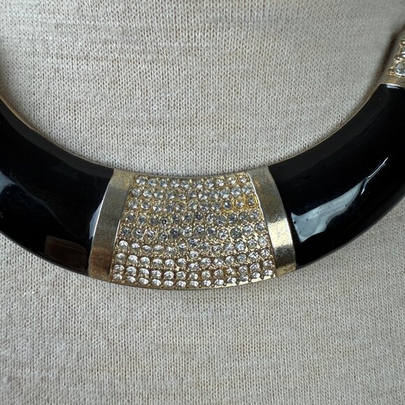 Gold Tone w/ Black Enamel & Rhinestone Collar Necklace 19.5" - Picture 3 of 9